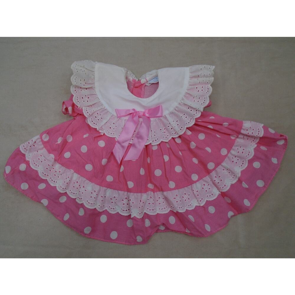 Vintage 90s Holly Hobbie Polka Dot Dress Ruffle Cottagecore Pink Lace Size 6-9M